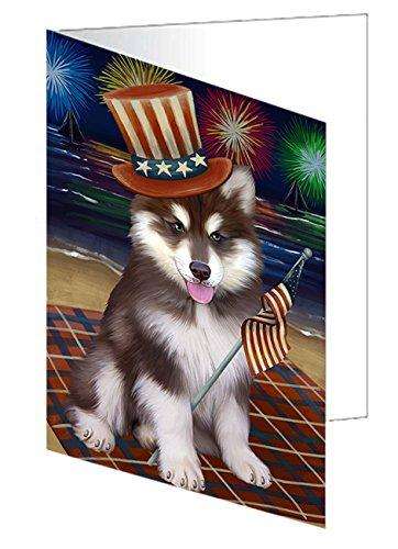 4th of July Independence Day Firework Alaskan Malamute Dog Handmade Artwork Assorted Pets Greeting Cards and Note Cards with Envelopes for All Occasions and Holiday Seasons GCD50168
