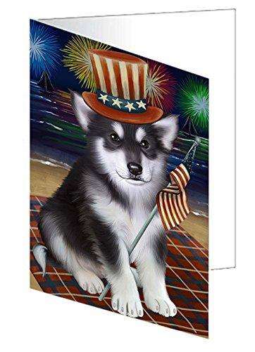 4th of July Independence Day Firework Alaskan Malamute Dog Handmade Artwork Assorted Pets Greeting Cards and Note Cards with Envelopes for All Occasions and Holiday Seasons GCD50171