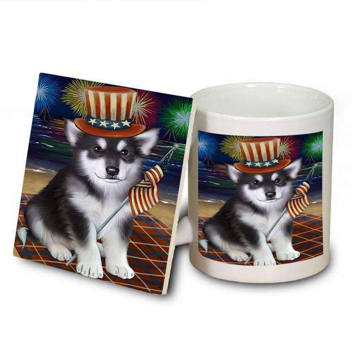 4th of July Independence Day Firework Alaskan Malamute Dog Mug and Coaster Set MUC48706