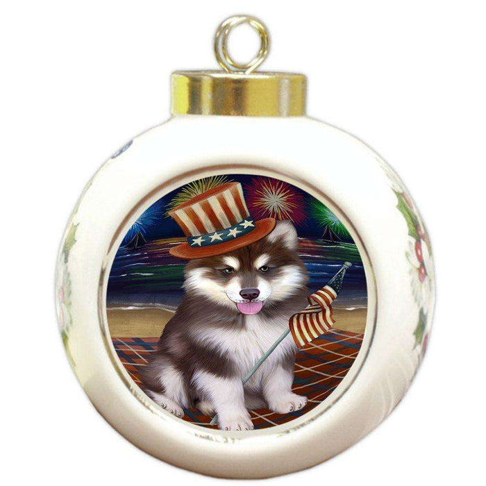 4th of July Independence Day Firework Alaskan Malamute Dog Round Ball Christmas Ornament RBPOR48713