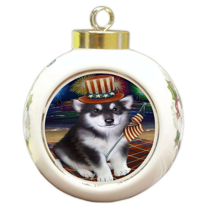 4th of July Independence Day Firework Alaskan Malamute Dog Round Ball Christmas Ornament RBPOR48714