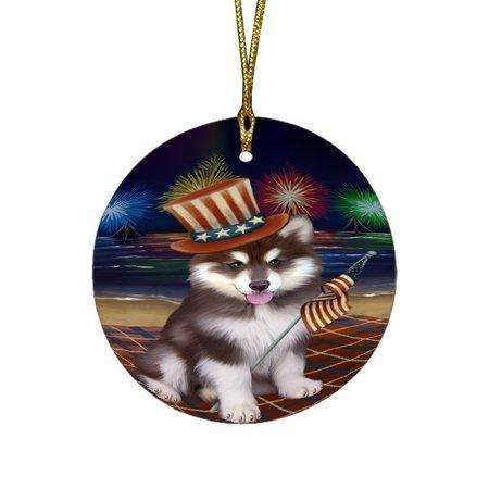 4th of July Independence Day Firework Alaskan Malamute Dog Round Christmas Ornament RFPOR48704