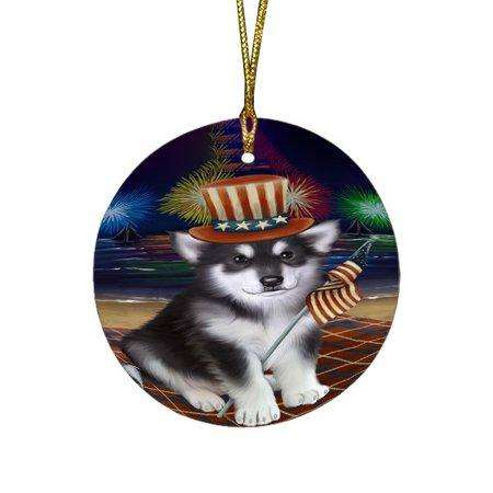4th of July Independence Day Firework Alaskan Malamute Dog Round Christmas Ornament RFPOR48705