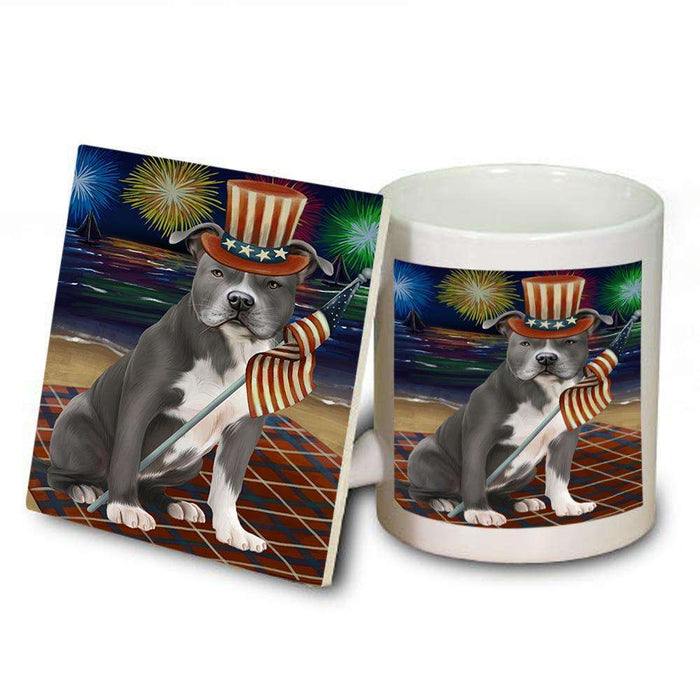 4th of July Independence Day Firework American Staffordshire Terrier Dog Mug and Coaster Set MUC51993