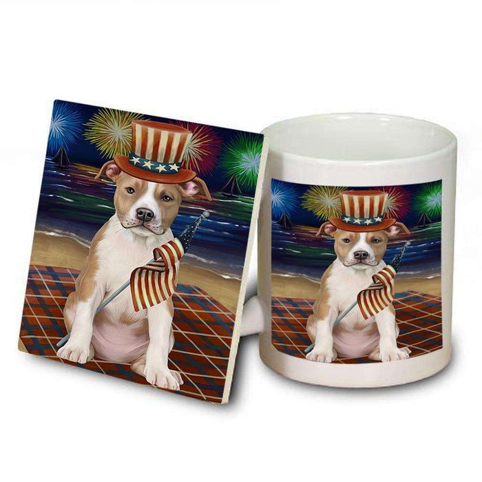 4th of July Independence Day Firework American Staffordshire Terrier Dog Mug and Coaster Set MUC51996