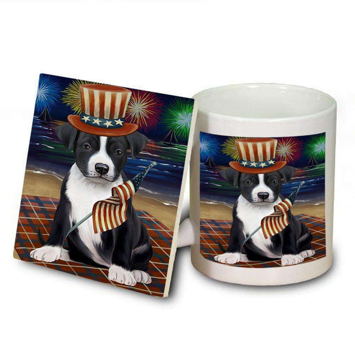 4th of July Independence Day Firework American Staffordshire Terrier Dog Mug and Coaster Set MUC51997