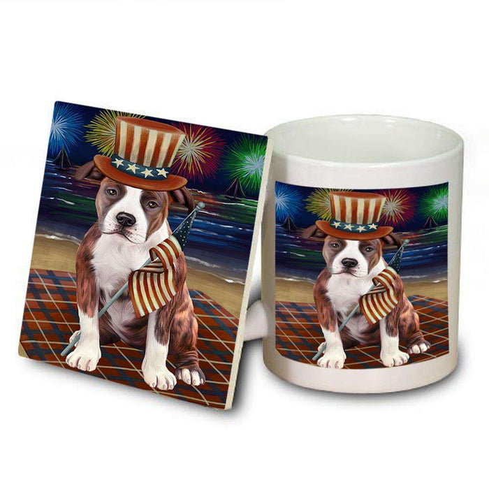 4th of July Independence Day Firework American Staffordshire Terrier Dog Mug and Coaster Set MUC51998