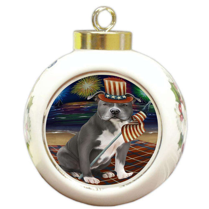 4th of July Independence Day Firework American Staffordshire Terrier Dog Round Ball Christmas Ornament RBPOR52001