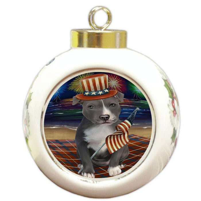 4th of July Independence Day Firework American Staffordshire Terrier Dog Round Ball Christmas Ornament RBPOR52003