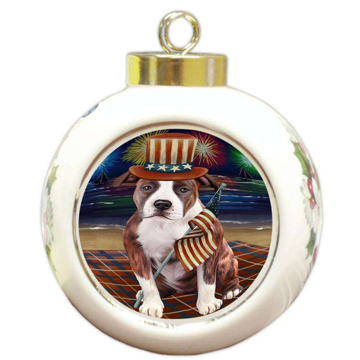 4th of July Independence Day Firework American Staffordshire Terrier Dog Round Ball Christmas Ornament RBPOR52006