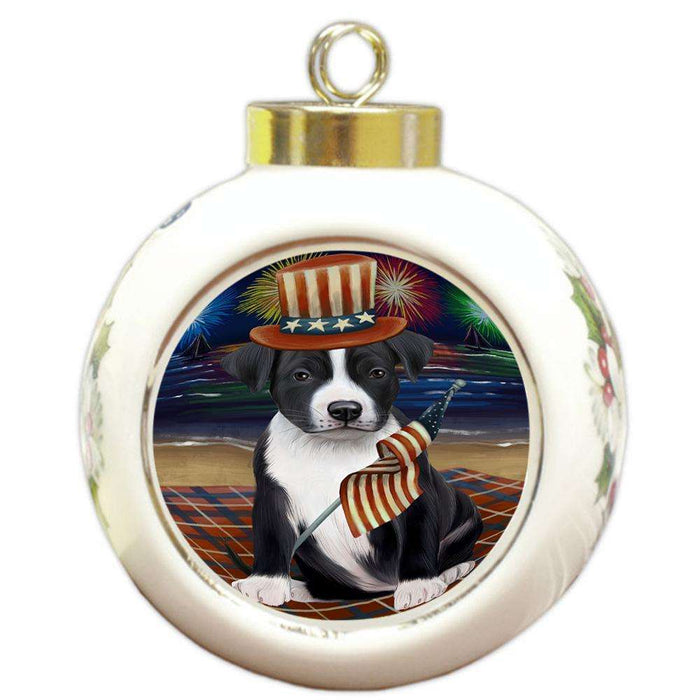 4th of July Independence Day Firework American Staffordshire Terrier Dog Round Ball Christmas Ornament RBPOR52395