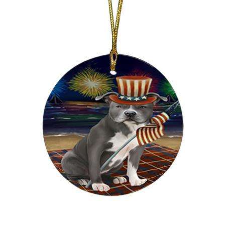 4th of July Independence Day Firework American Staffordshire Terrier Dog Round Flat Christmas Ornament RFPOR51992