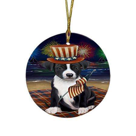 4th of July Independence Day Firework American Staffordshire Terrier Dog Round Flat Christmas Ornament RFPOR51996