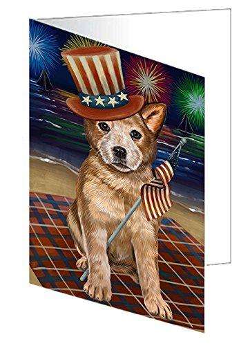 4th of July Independence Day Firework Australian Cattle Dog Handmade Artwork Assorted Pets Greeting Cards and Note Cards with Envelopes for All Occasions and Holiday Seasons GCD50174