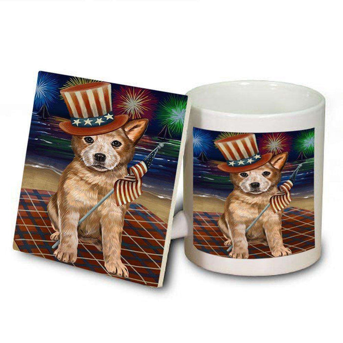 4th of July Independence Day Firework Australian Cattle Dog Mug and Coaster Set MUC48707