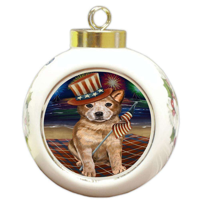 4th of July Independence Day Firework Australian Cattle Dog Round Ball Christmas Ornament RBPOR48715
