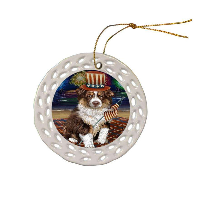 4th of July Independence Day Firework Australian Shepherd Dog Ceramic Doily Ornament DPOR48717