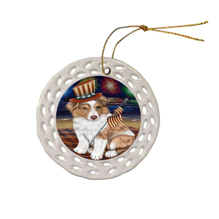 4th of July Independence Day Firework Australian Shepherd Dog Ceramic Doily Ornament DPOR48718