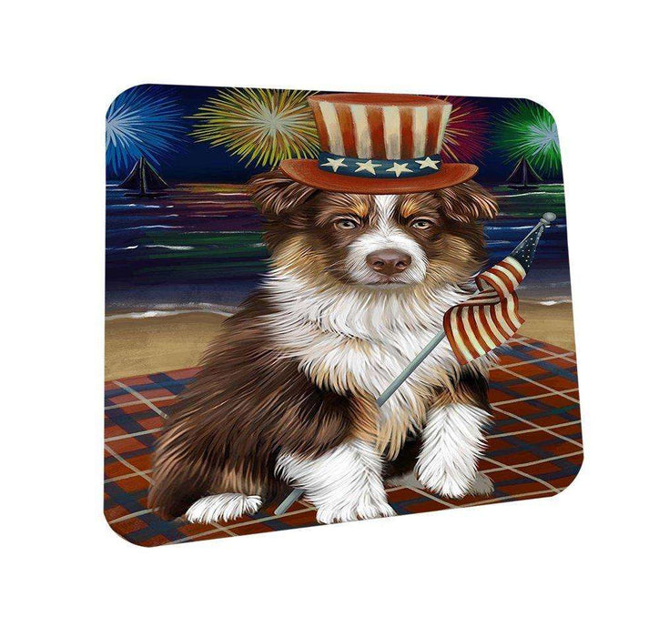 4th of July Independence Day Firework Australian Shepherd Dog Coasters Set of 4 CST48676