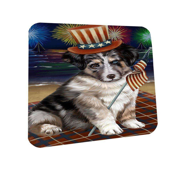 4th of July Independence Day Firework Australian Shepherd Dog Coasters Set of 4 CST48678