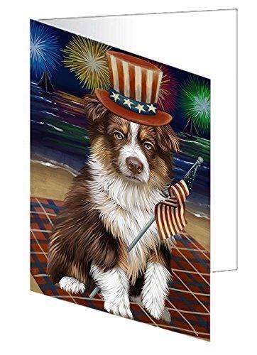 4th of July Independence Day Firework Australian Shepherd Dog Handmade Artwork Assorted Pets Greeting Cards and Note Cards with Envelopes for All Occasions and Holiday Seasons GCD50180