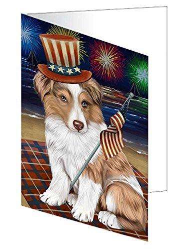 4th of July Independence Day Firework Australian Shepherd Dog Handmade Artwork Assorted Pets Greeting Cards and Note Cards with Envelopes for All Occasions and Holiday Seasons GCD50183