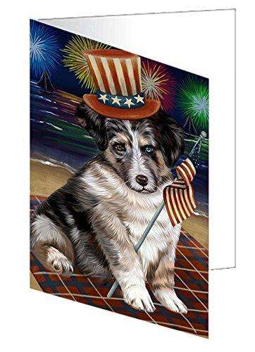 4th of July Independence Day Firework Australian Shepherd Dog Handmade Artwork Assorted Pets Greeting Cards and Note Cards with Envelopes for All Occasions and Holiday Seasons GCD50186