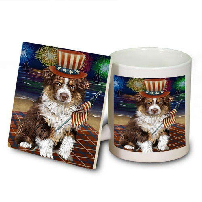 4th of July Independence Day Firework Australian Shepherd Dog Mug and Coaster Set MUC48709