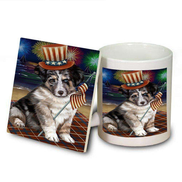 4th of July Independence Day Firework Australian Shepherd Dog Mug and Coaster Set MUC48711