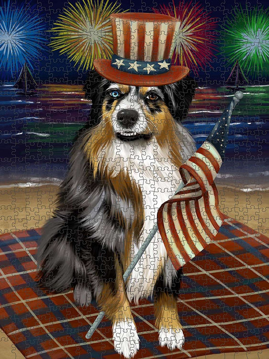 4th of July Independence Day Firework Australian Shepherd Dog Puzzle with Photo Tin PUZL48360