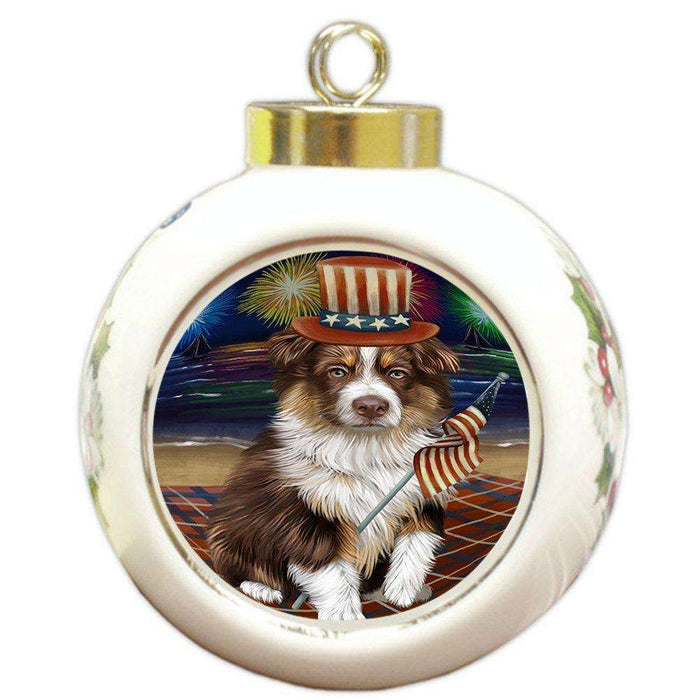 4th of July Independence Day Firework Australian Shepherd Dog Round Ball Christmas Ornament RBPOR48717