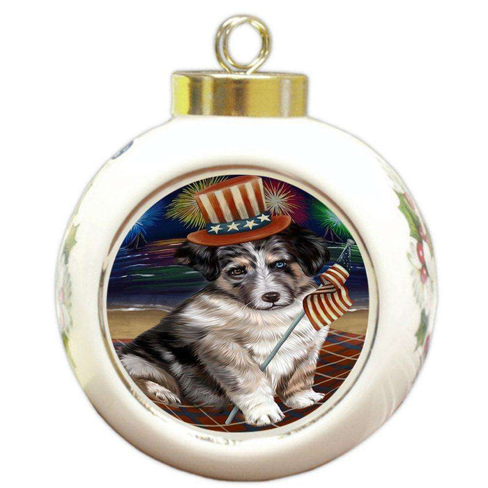 4th of July Independence Day Firework Australian Shepherd Dog Round Ball Christmas Ornament RBPOR48719