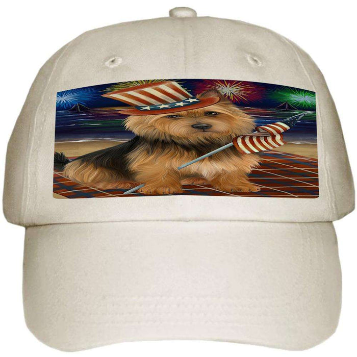 4th of July Independence Day Firework Australian Terrier Dog Ball Hat Cap HAT59910