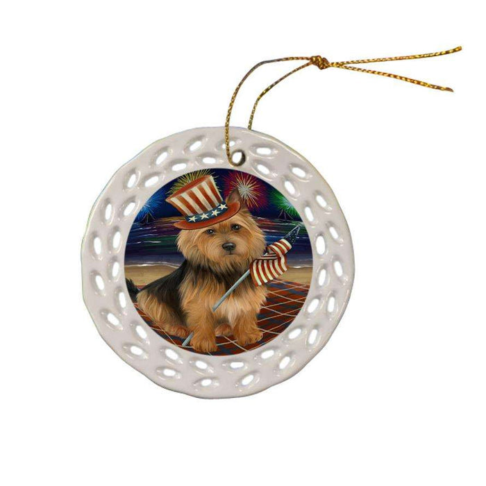 4th of July Independence Day Firework Australian Terrier Dog Ceramic Doily Ornament DPOR52007