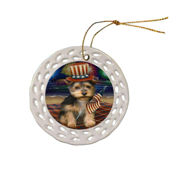 4th of July Independence Day Firework Australian Terrier Dog Ceramic Doily Ornament DPOR52009