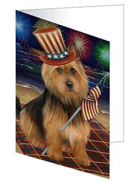 4th of July Independence Day Firework Australian Terrier Dog Handmade Artwork Assorted Pets Greeting Cards and Note Cards with Envelopes for All Occasions and Holiday Seasons GCD61220
