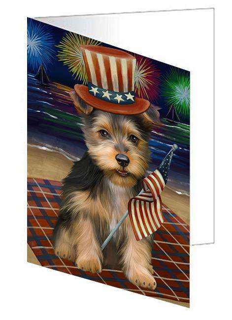 4th of July Independence Day Firework Australian Terrier Dog Handmade Artwork Assorted Pets Greeting Cards and Note Cards with Envelopes for All Occasions and Holiday Seasons GCD61226