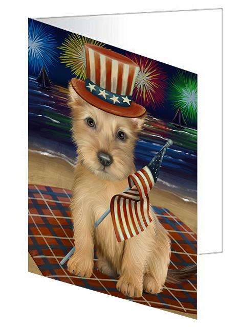 4th of July Independence Day Firework Australian Terrier Dog Handmade Artwork Assorted Pets Greeting Cards and Note Cards with Envelopes for All Occasions and Holiday Seasons GCD61229
