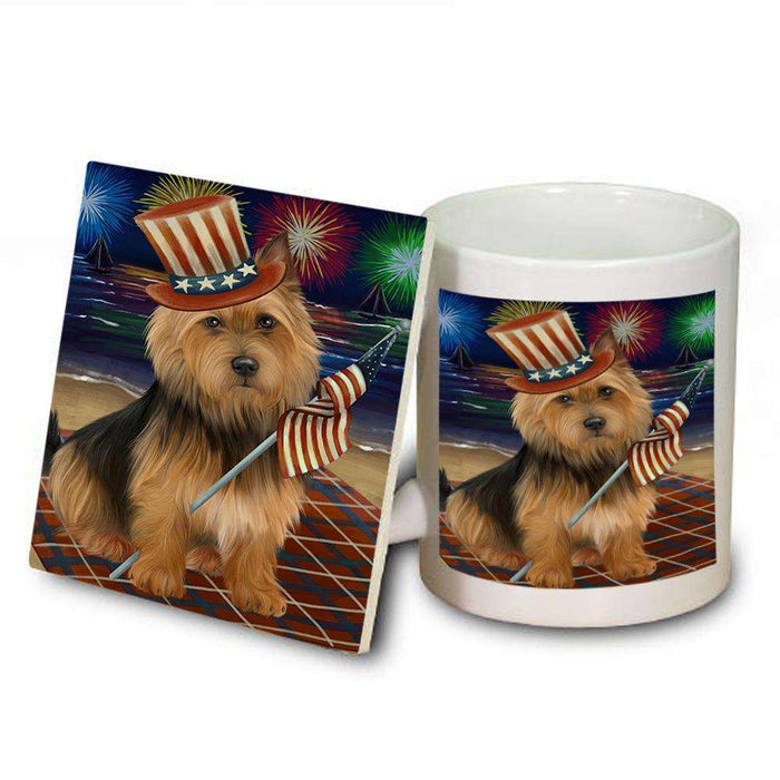 4th of July Independence Day Firework Australian Terrier Dog Mug and Coaster Set MUC51999