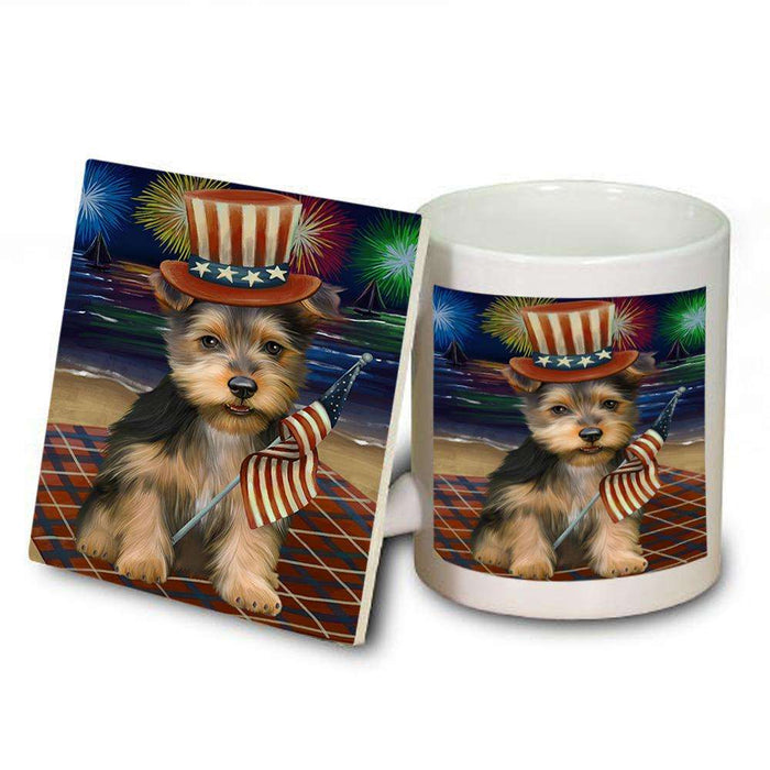 4th of July Independence Day Firework Australian Terrier Dog Mug and Coaster Set MUC52001