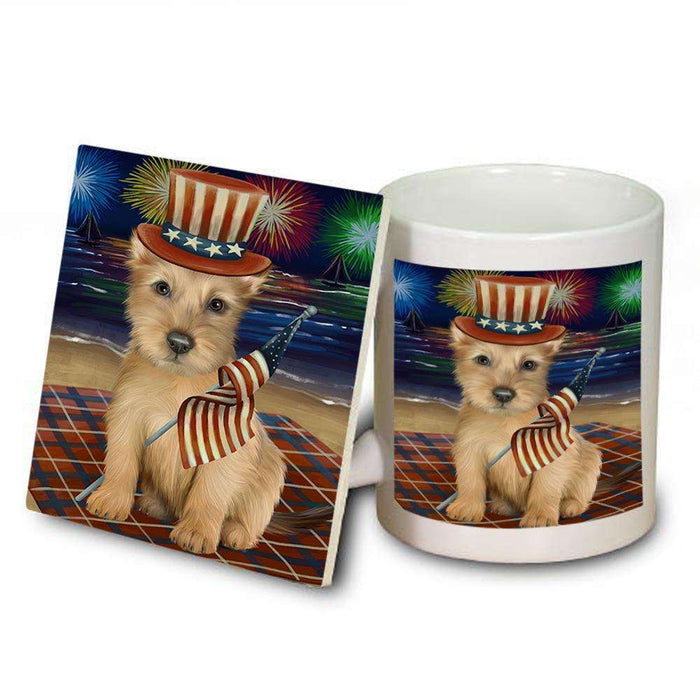 4th of July Independence Day Firework Australian Terrier Dog Mug and Coaster Set MUC52002