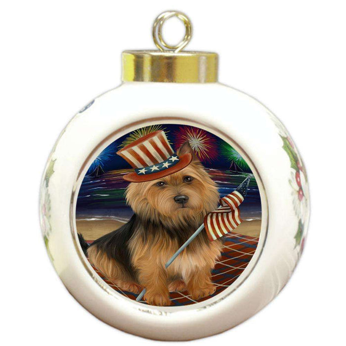 4th of July Independence Day Firework Australian Terrier Dog Round Ball Christmas Ornament RBPOR52007