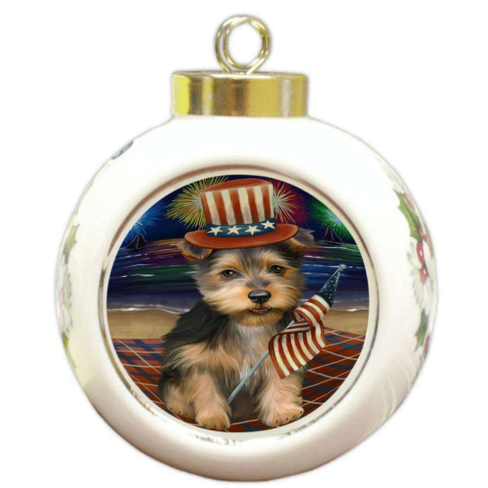 4th of July Independence Day Firework Australian Terrier Dog Round Ball Christmas Ornament RBPOR52009