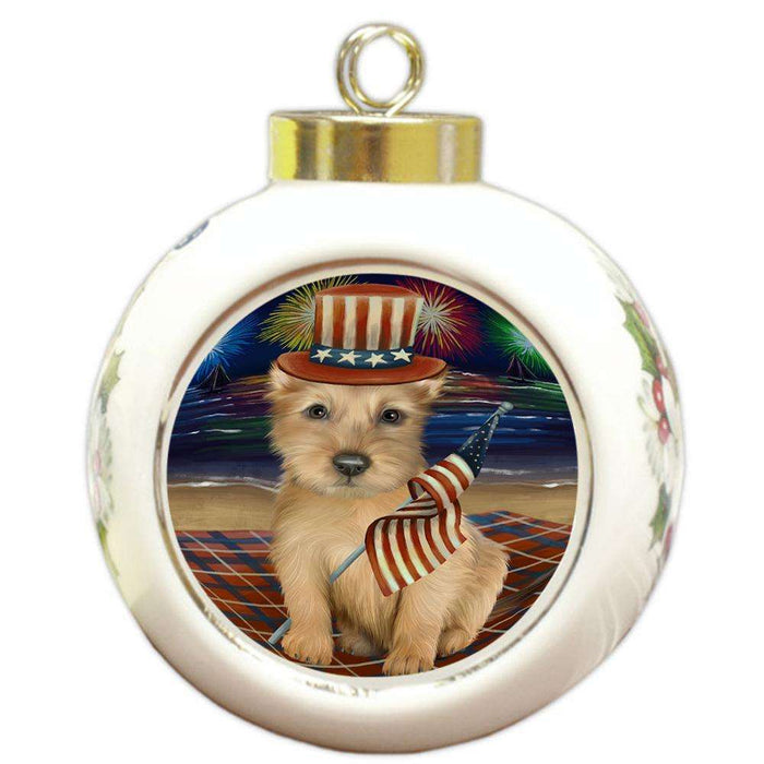 4th of July Independence Day Firework Australian Terrier Dog Round Ball Christmas Ornament RBPOR52010