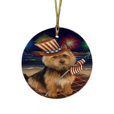4th of July Independence Day Firework Australian Terrier Dog Round Flat Christmas Ornament RFPOR51998