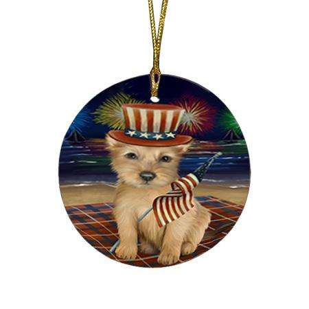 4th of July Independence Day Firework Australian Terrier Dog Round Flat Christmas Ornament RFPOR52001