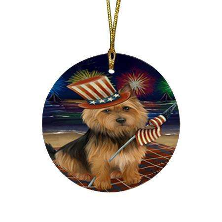 4th of July Independence Day Firework Australian Terrier Dog Round Flat Christmas Ornament RFPOR52388