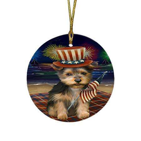 4th of July Independence Day Firework Australian Terrier Dog Round Flat Christmas Ornament RFPOR52390