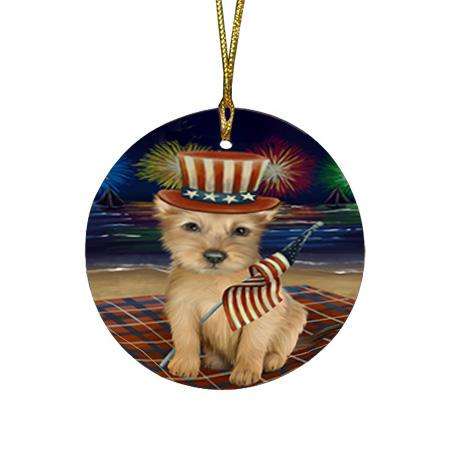 4th of July Independence Day Firework Australian Terrier Dog Round Flat Christmas Ornament RFPOR52391