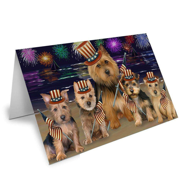 4th of July Independence Day Firework Australian Terriers Dog Handmade Artwork Assorted Pets Greeting Cards and Note Cards with Envelopes for All Occasions and Holiday Seasons GCD61223